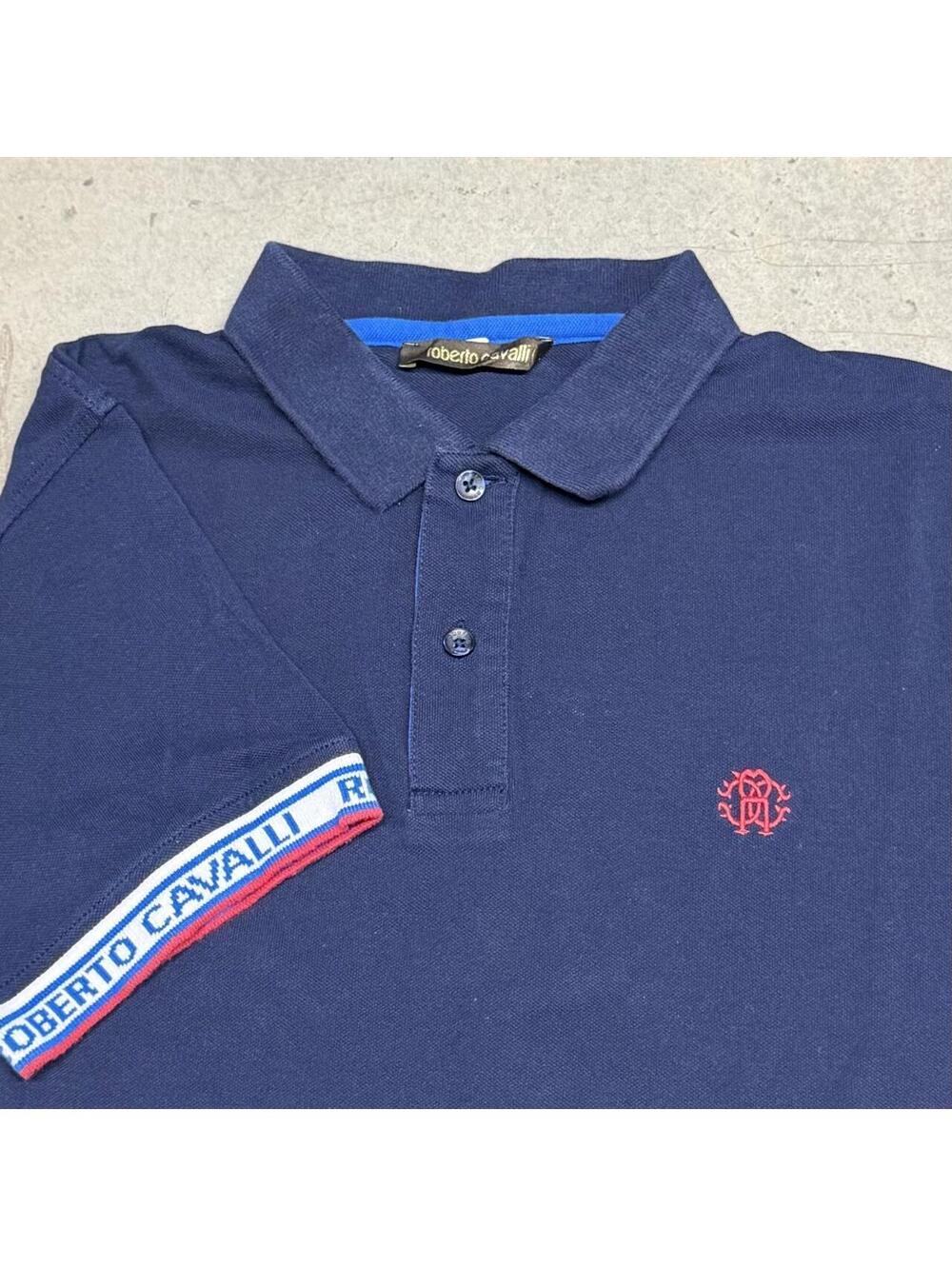 Roberto Cavalli Polo Shirt Mens Large Navy Contrast Trim Logo 100% Cotton